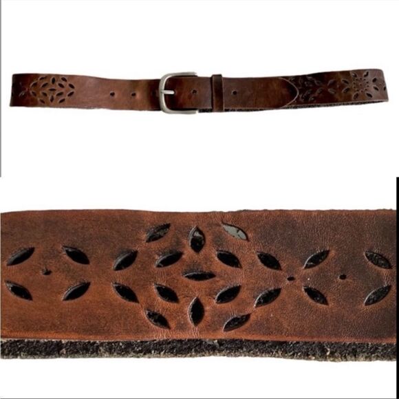 VINTAGE Brown Perforated Boho Leather Belt Silver Buckle XL - Picture 3 of 7